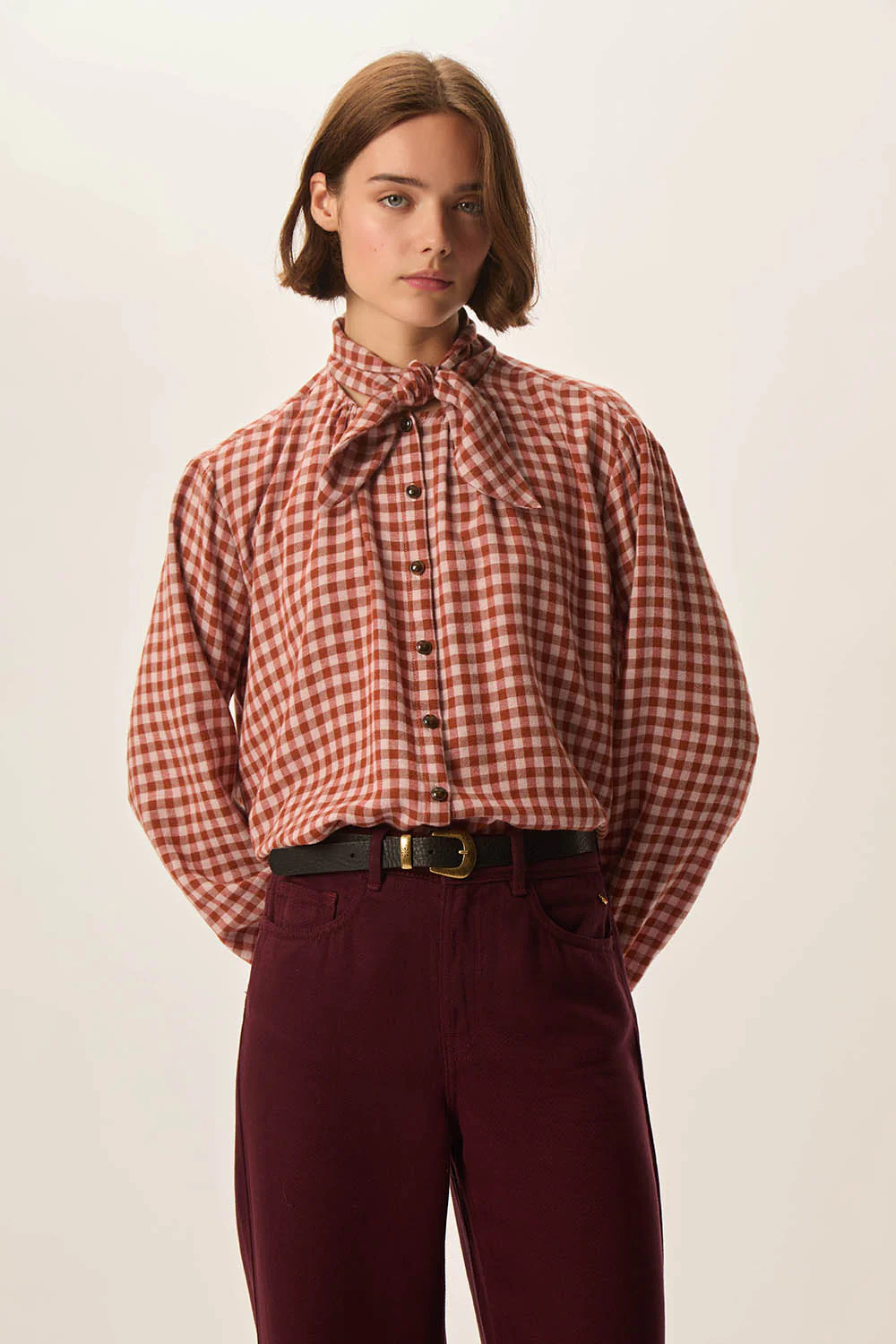 Blusa RAINBOW cuadros marrones y rosa Des Petits Hauts.