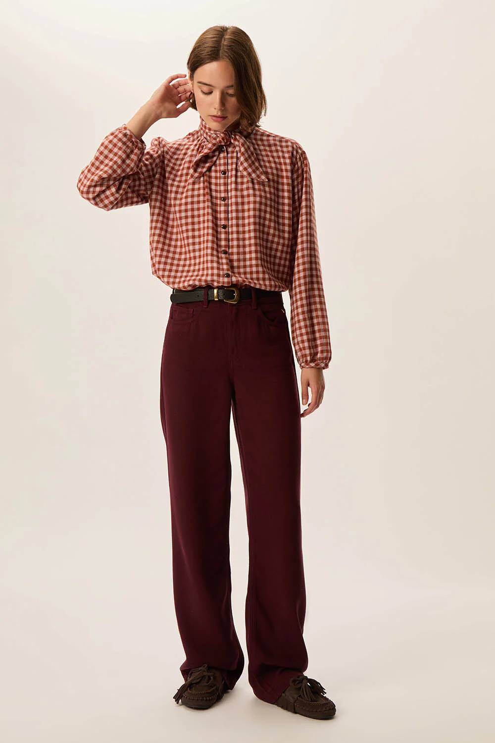 Blusa RAINBOW cuadros marrones y rosa Des Petits Hauts.